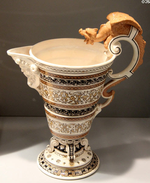 Earthenware Saint-Porchaire style ewer in Renaissance Revival style (c1879) by Charles Toft for Minton of Stoke-on-Trent, England at Gardiner Museum. Toronto, ON.