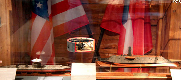 Models of U.S. Civil War ironclads CSS Virginia (converted from USS Merrimack (Merrimac)) & USS Monitor at International Maritime Museum. Hamburg, Germany.