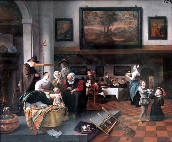 Child baptism painting (c1663) by Jan Steen at Berlin Gemaldegalerie. Berlin, Germany.