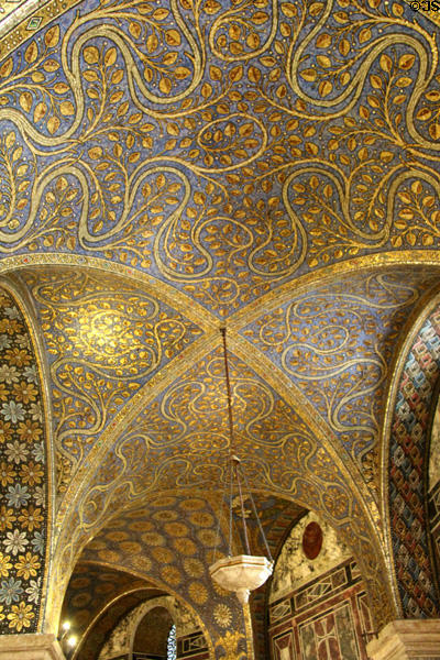 Elaborate mosaic foliage on ceiling in Palatine Chapel at Aachen Cathedral. Aachen, Germany.