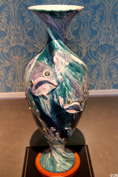 Vase with fish design (1898) by Alf Wallander, Faience Manufacturer Rörstrand (Stockholm) at Hamburg Decorative Arts Museum. Hamburg, Germany.