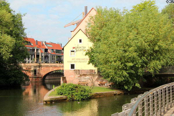 Schliefersteg Island on Pegnitz River. Nuremberg, Germany.