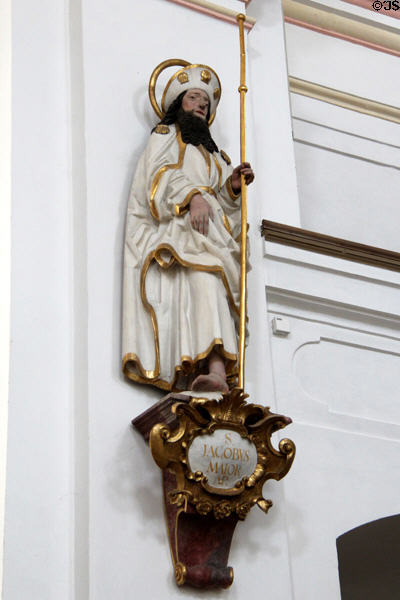 Statue of St James Major, Apostle, with his attributes a staff & scallop shells at St Aegidius parish church. Gmund am Tegernsee, Germany.