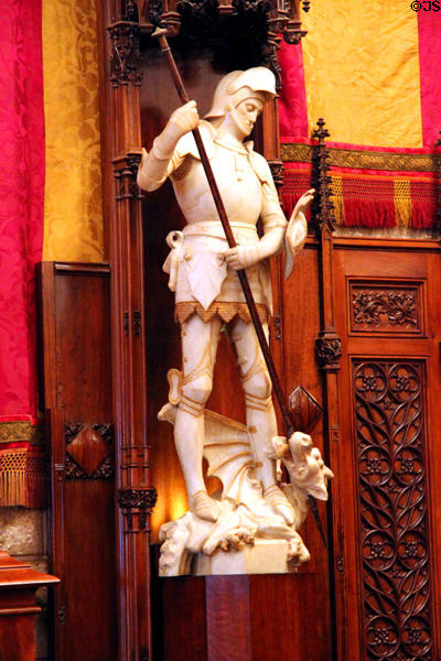 St Michael slaying dragon in Great Hall at Barcelona City Hall. Barcelona, Spain.