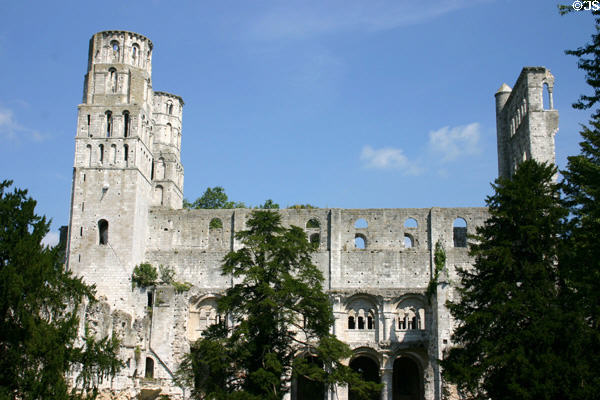 Abbey of Jumièges (654) Notre Dame church which was rebuilt & consecrated in presence of William the Conqueror in 1067. Jumièges, France. Style: Romanesque.
