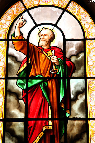 St Peter with keys stained glass window at Eglise Notre Dame de Pitie & St Elisabeth. Paris, France.