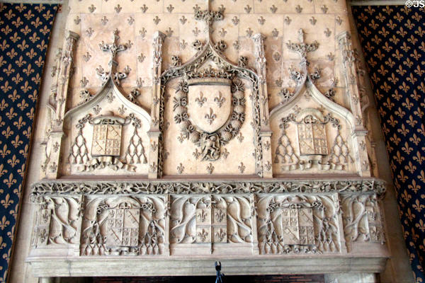 Royal shields in Salle de Tau at Tau Palace Museum. Reims, France.