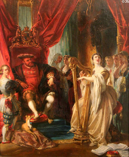 Anne Boleyn plays harp for Henri VIII painting (1864-5) by Eugène Deveria at Caen Museum of Fine Arts. Caen, France.
