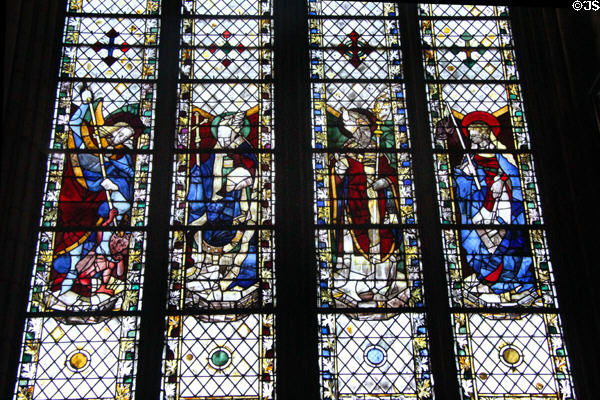 Stained glass windows (1465-70) by Guillaume Barbe of St Michael, St Julian, St William & St Genevieve at Rouen Cathedral. Rouen, France.