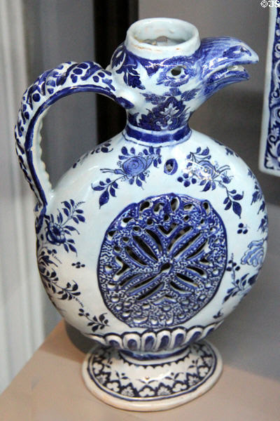 Earthenware trick pitcher with bird head (c1720) from Rouen at Rouen Ceramic Museum. Rouen, France.