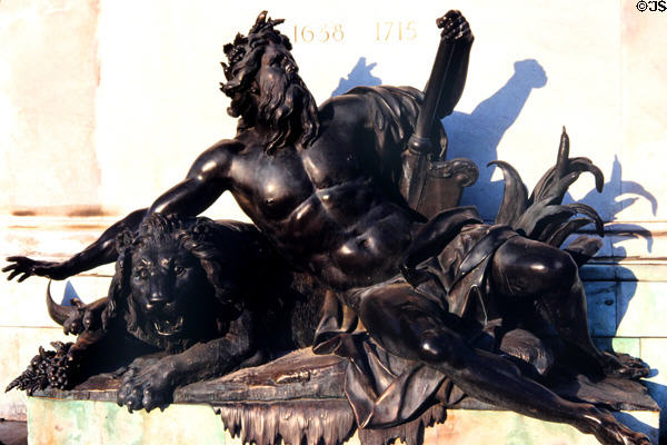 Detail of bronze sculpture on base of Louis XIV equestrian monument at Place Bellecoeur. Lyon, France.