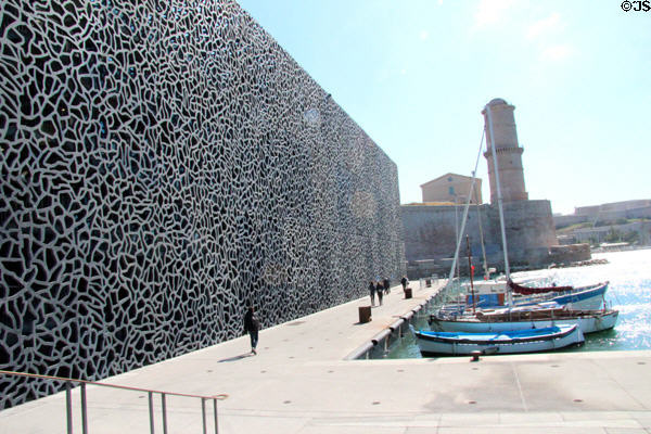 Random grill facade of MuCEM museum & Fanal tower. Marseille, France.