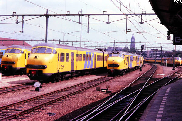 Row of electrified trains in Amsterdam station. Amsterdam, Netherlands.