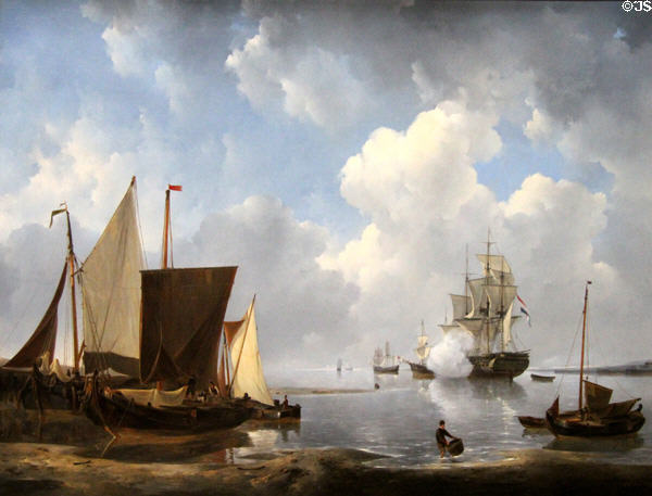 Still water seascape painting (1829) Johannes Christiaan Schotel at Teylers Museum. Haarlem, Netherlands.