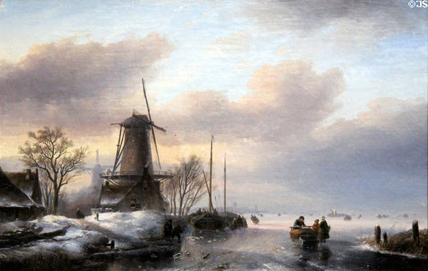 Winter landscape with canal & windmill painting (c1845) by Jan Jacob Spohler at Teylers Museum. Haarlem, Netherlands.