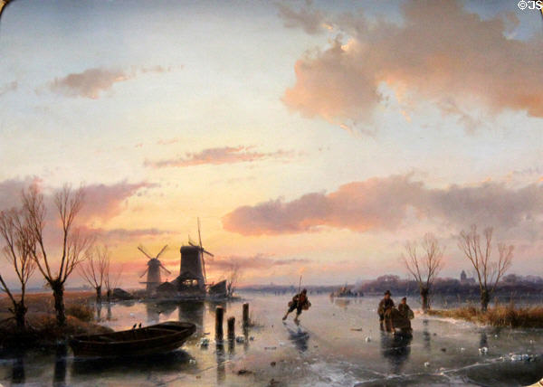 Winter landscape with canal & windmill painting (1846) by Andreas Schelfhout at Teylers Museum. Haarlem, Netherlands.