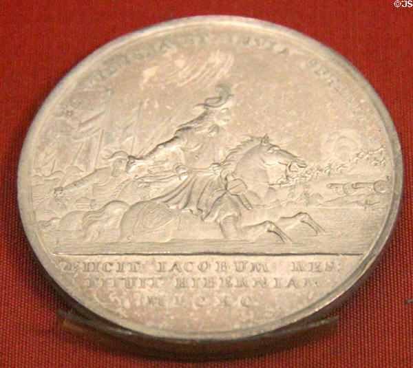 Victory by William of Orange at the Battle of the Boyne River in Ireland commemorative medal (1690) by Reinier Arondeaux at Teylers Museum. Haarlem, Netherlands.