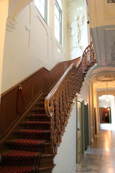 Stairway with ornately carved banister in home of Pieter Teyler at Teylers Museum. Haarlem, Netherlands.