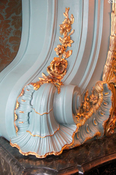 Detail of framing of ornate mirror over fireplace in office of home of Pieter Teyler at Teylers Museum. Haarlem, Netherlands.