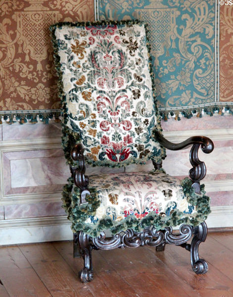 Ornately carved & upholstered chair in Princess Mary's Bedchamber. Het Loo, Netherlands.