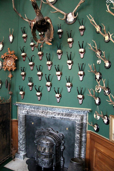 Prince Hendrik's Hunting Cabinet with mounted antler trophies above fireplace with cast iron heating stove & cuckoo clock on wall. Het Loo, Netherlands.