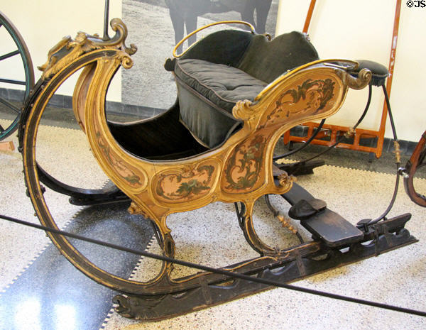 Queen Emma's Sleigh (1880), made by B. Veth, Arnhem, given to her by Willem III on their 1st wedding anniversary, driven by a coachman from a seat at the back. Het Loo, Netherlands.