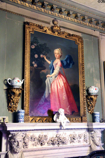 Portrait of Agnes Murray Kynnynmond by Allan Ramsay above white statuary marble chimneypiece by Henry Cheere in drawing room at Newhailes. Musselburgh, Scotland.