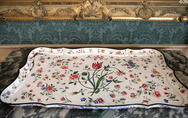 Chinese enameled tray with initials of former owner Torrie Erskine in private drawing room at Duff House. Banff, Scotland.