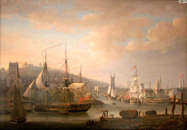 View of Bristol Harbour with Cathedral & the Quay painting (c1740-1821) by Nicholas Pocock as seen from where M-Shed is today at M-Shed Museum. Bristol, England.
