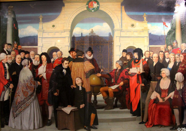 Some Who Have Made Bristol Famous painting (1930) by Ernest Board depicting an imaginary gathering of people who over the centuries have brought fame to Bristol (including John & Sebastian Cabot) at M-Shed Museum. Bristol, England.