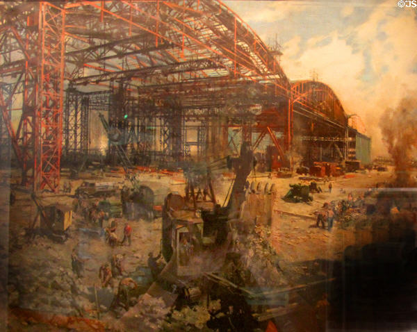Brabazon Hangar in Construction painting (1947) by Terence Cuneo shows building of aircraft hangar for Bristol Brabazon plane at M-Shed Museum. Bristol, England.