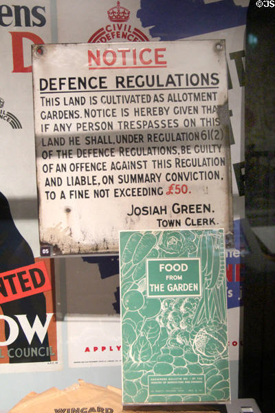 Sign posting regulations for Allotment gardens used during WWII & allotted to individuals to grow fruits & vegetables to supplement rations at M-Shed Museum. Bristol, England.