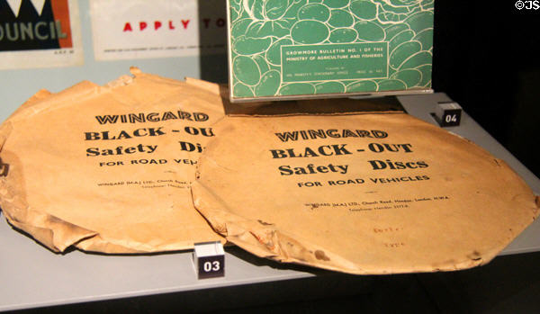 Black out headlight curtains for vehicles to minimize light during black-outs at M-Shed Museum. Bristol, England.