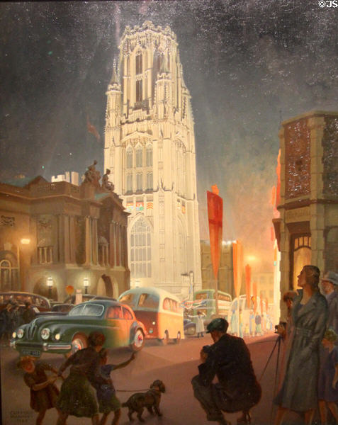 Coronation Time: The Flood-lit Tower of Bristol University painting (1953) by Clifford Hanney at M-Shed Museum. Bristol, England.