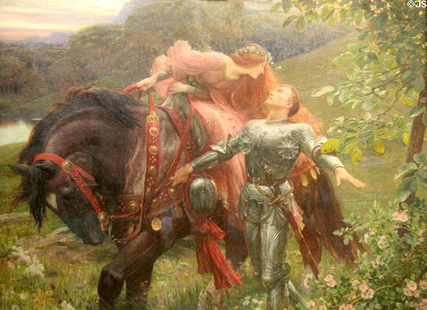 La Belle Dame sans Merci painting (1902) by Frank Dicksee with theme taken from Keat's poem at Bristol Museum & Art Gallery. Bristol, England.