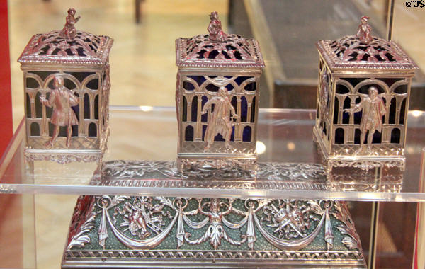 Tea jars & casket (London 1771) with embossed designs copied from theatrical engraving, traditionally thought to have been made for actor David Garrick at Bristol Museum & Art Gallery. Bristol, England.