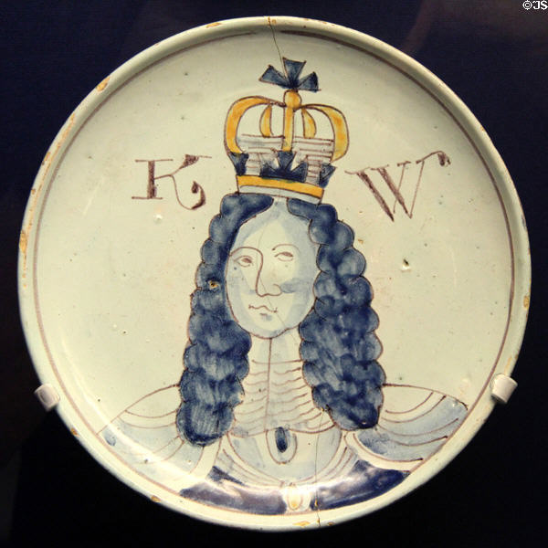 Ceramic plate depicting King William III (c1690) who ruled jointly with Queen Mary II, having replaced the Catholic King James II after he was deposed, made in Brislington, at Bristol Museum & Art Gallery. Bristol, England.