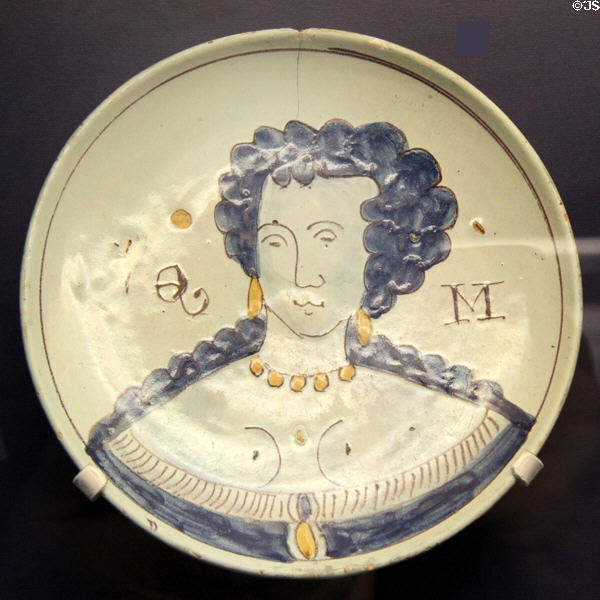 Ceramic plate depicting Queen Mary II (c1690) who was often depicted together with King William III, made in Brislington,at Bristol Museum & Art Gallery. Bristol, England.