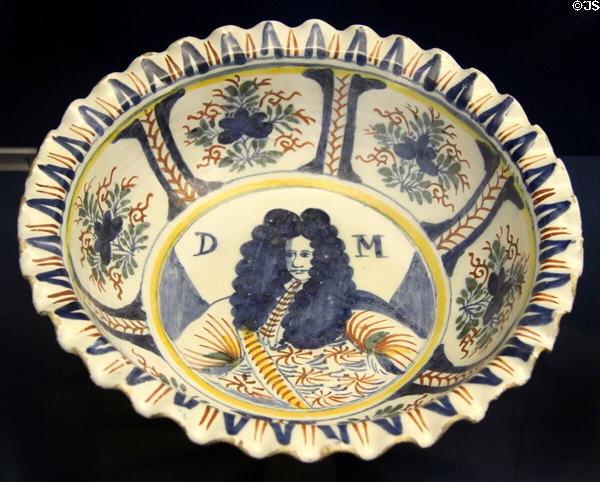 Ceramic dish (c1705-1720) depicting John Churchill, Duke of Marlborough & husband of Sarah Jennings, made in Bristol or London at Bristol Museum & Art Gallery. Bristol, England.