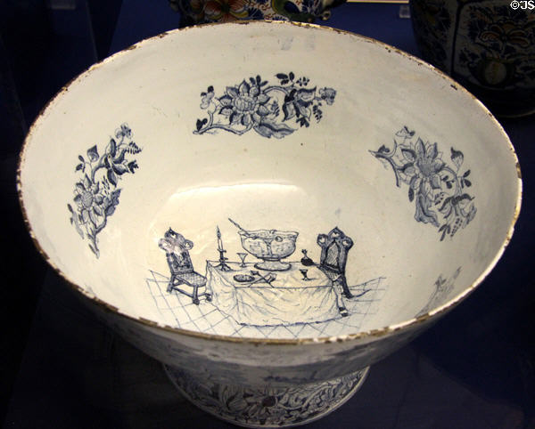 Ceramic punch bowl (c1743) likely painted by Joseph Flower in Bristol to mark the completion of his apprenticeship at Bristol Museum & Art Gallery. Bristol, England.