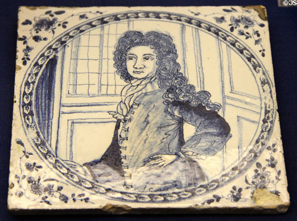Ceramic tile (c1725-50) likely portraying Edward Colston, a wealthy merchant, likely made in Bristol at Bristol Museum & Art Gallery. Bristol, England.