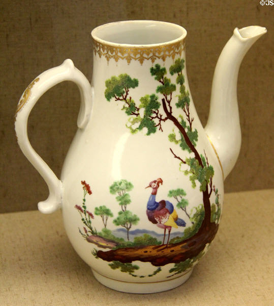 Porcelain coffeepot (c1770-3) an early rare example of Bristol hard-paste porcelain made by William Cookworthy, Bristol, at Bristol Museum & Art Gallery. Bristol, England.