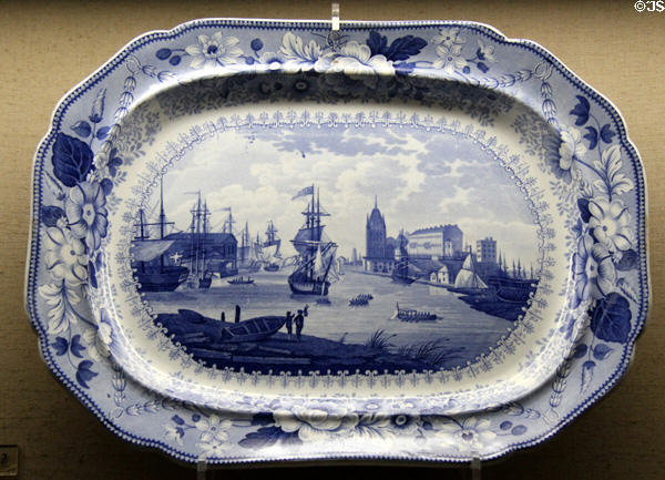 Blue & white ceramic platter, part of River Avon dinnerware series (1825-35) & an example of underglaze transfer-printing, predominately used in England, showing Bristol port scene, made by Bristol Pottery at Bristol Museum & Art Gallery. Bristol, England.