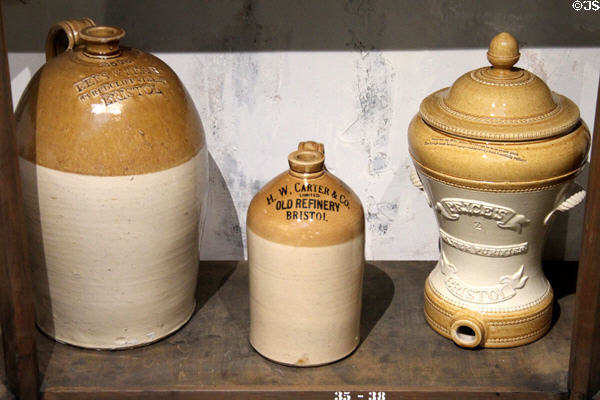 Stoneware storage jugs & water purifier (c last quarter of 19thC) made in Bristol at Bristol Museum & Art Gallery. Bristol, England.