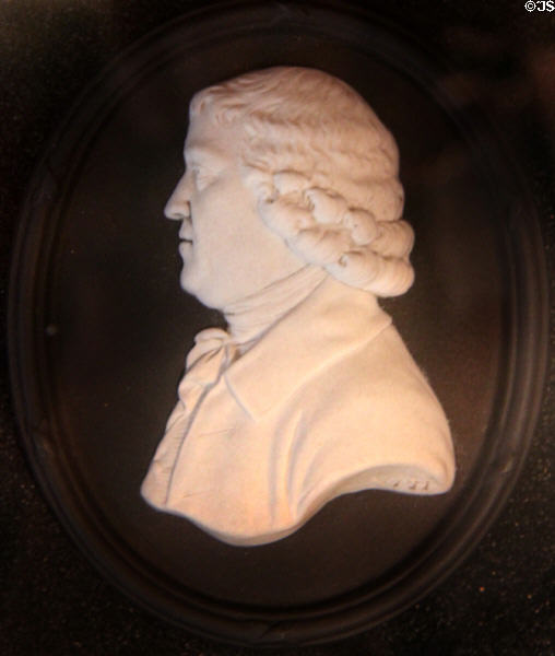 Josiah Wedgwood portrait medallion of black jasper (modeled 1782, copied 20thC) by William Hackwood for Wedgwood at World of Wedgwood. Barlaston, Stoke, England.