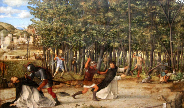 Assassination of St Peter Martyr in 1252 in Verona painting (1505-7) by Giovanni Bellini at National Gallery. London, United Kingdom.