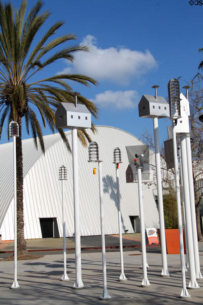 Bird houses sculpture group (c1995) by Peter Shire at Anaheim Ice. Anaheim, CA.