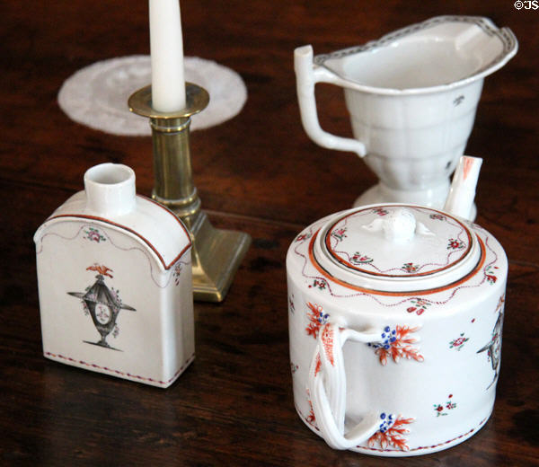 Porcelain pieces including teapot with twisted handle at Denison Homestead Museum. Stonington, CT.