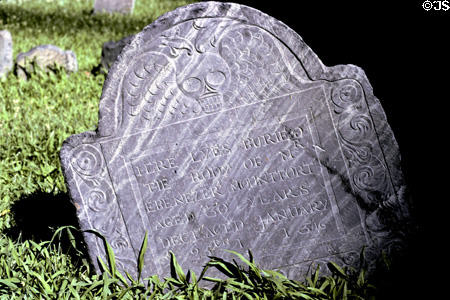Death head on tombstone (1516) of Ebenezer Montfort in Old Granary Burial Ground. Boston, MA.