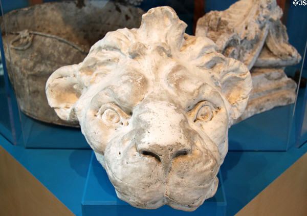 Lion's head made of staff used for temporary structures of St Louis World's Fair (1904) at Missouri History Museum. St. Louis, MO.